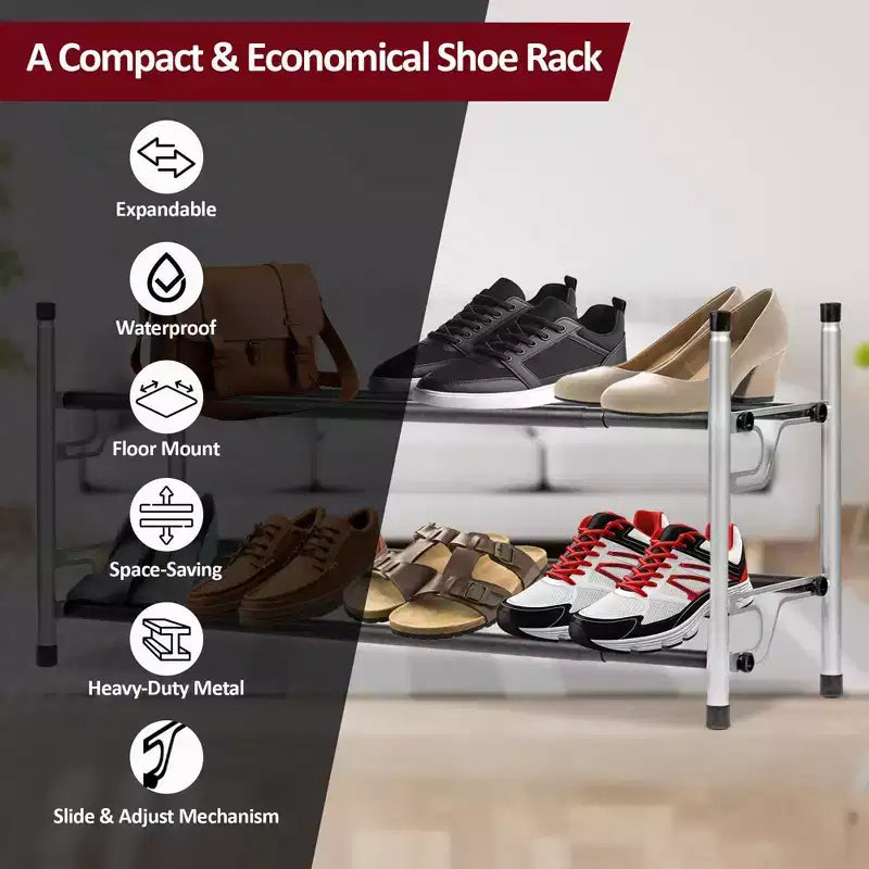 2 Tier Shoe Rack Silver with Black Rough Bars