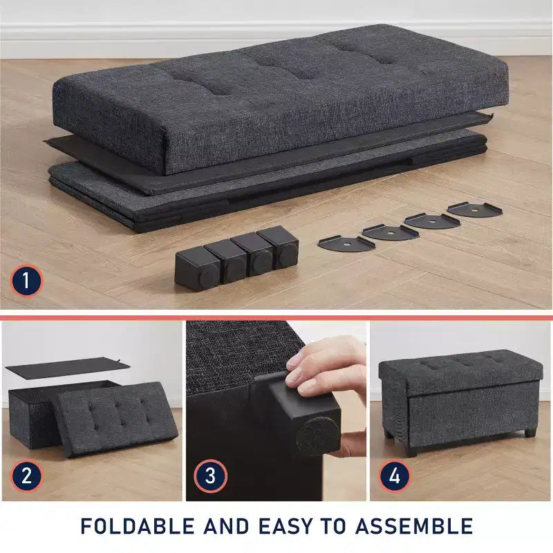 Ornavo Home Foldable Tufted 30 Inch Linen Bench Storage Ottoman with Legs for Bedroom, Entryway and Living Room