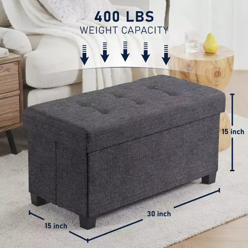 Ornavo Home Foldable Tufted 30 Inch Linen Bench Storage Ottoman with Legs for Bedroom, Entryway and Living Room