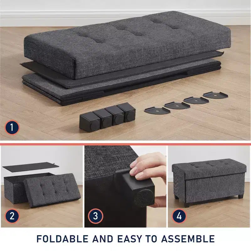Ornavo Home Foldable Tufted 30 Inch Linen Bench Storage Ottoman with Legs for Bedroom, Entryway and Living Room