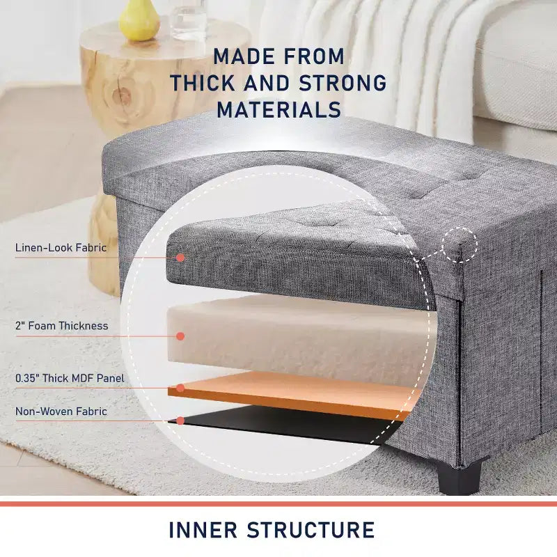 Ornavo Home Foldable Tufted 30 Inch Linen Bench Storage Ottoman with Legs for Bedroom, Entryway and Living Room