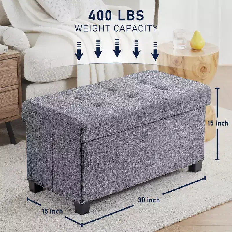 Ornavo Home Foldable Tufted 30 Inch Linen Bench Storage Ottoman with Legs for Bedroom, Entryway and Living Room