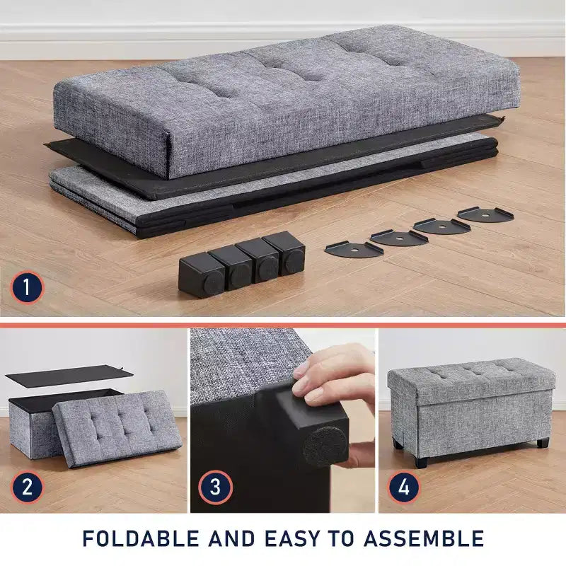 Ornavo Home Foldable Tufted 30 Inch Linen Bench Storage Ottoman with Legs for Bedroom, Entryway and Living Room