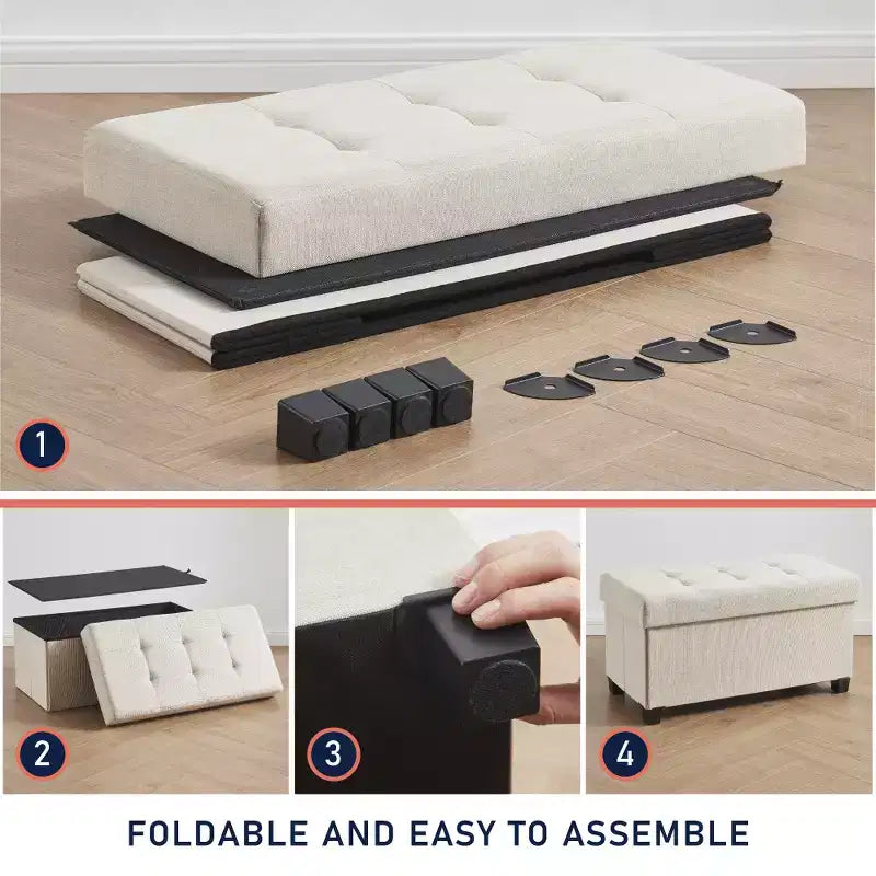 Ornavo Home Foldable Tufted 30 Inch Linen Bench Storage Ottoman with Legs for Bedroom, Entryway and Living Room