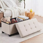 Ornavo Home Foldable Tufted 30 Inch Linen Bench Storage Ottoman with Legs for Bedroom, Entryway and Living Room