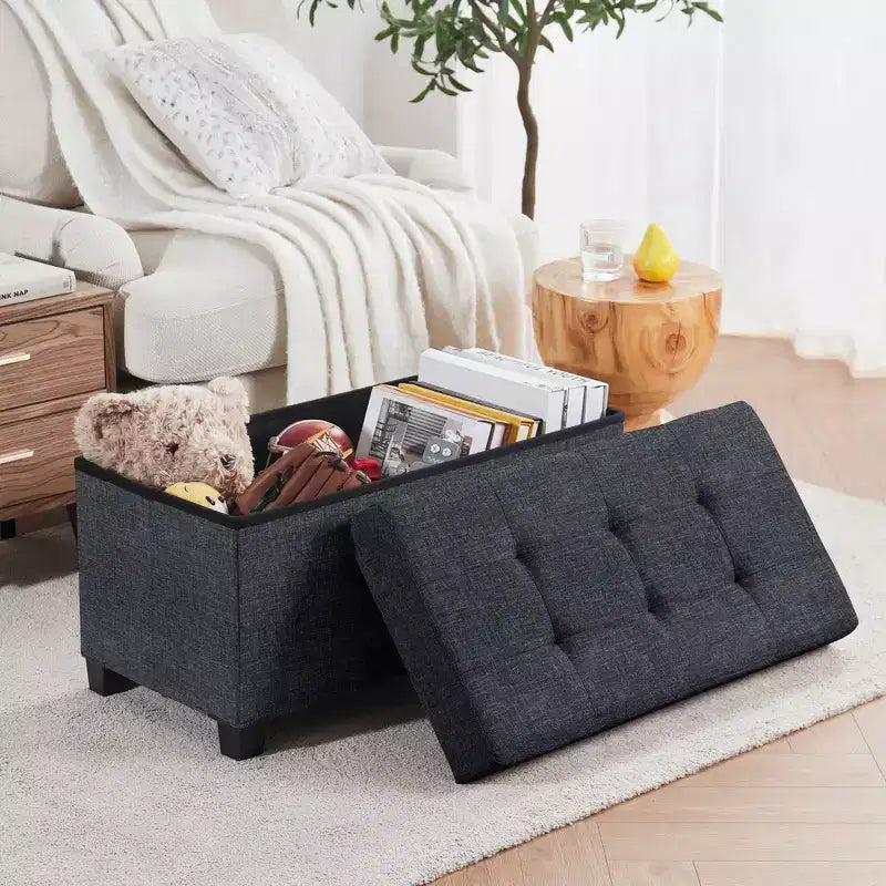 Ornavo Home Foldable Tufted 30 Inch Linen Bench Storage Ottoman with Legs for Bedroom, Entryway and Living Room