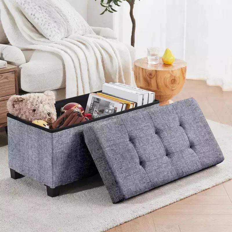 Ornavo Home Foldable Tufted 30 Inch Linen Bench Storage Ottoman with Legs for Bedroom, Entryway and Living Room