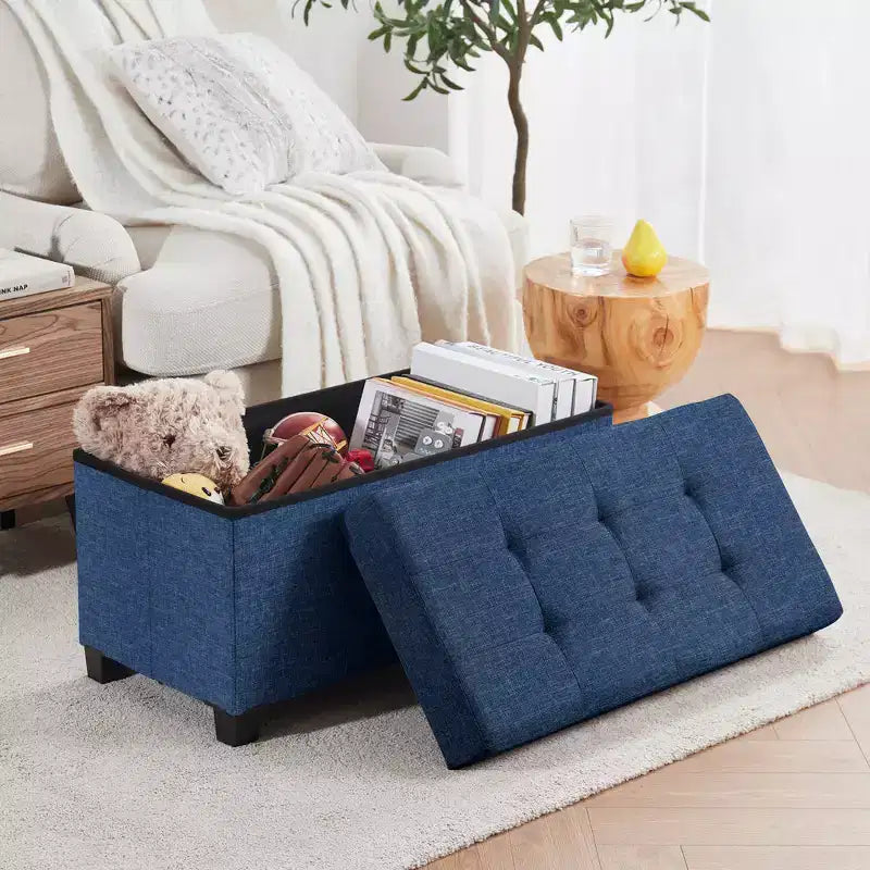 Ornavo Home Foldable Tufted 30 Inch Linen Bench Storage Ottoman with Legs for Bedroom, Entryway and Living Room