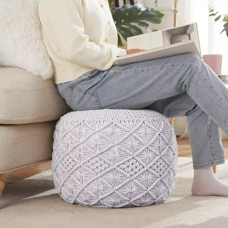 Ornavo Home Cotton Macrame Braid Pouf Ottoman - 18.5 x 15