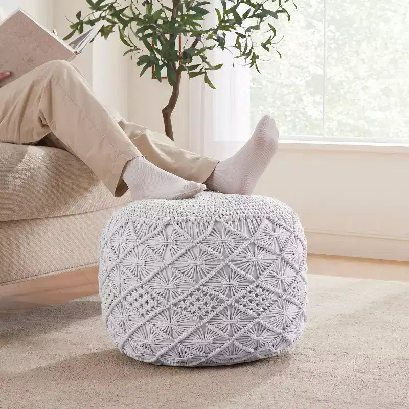 Ornavo Home Cotton Macrame Braid Pouf Ottoman - 18.5 x 15