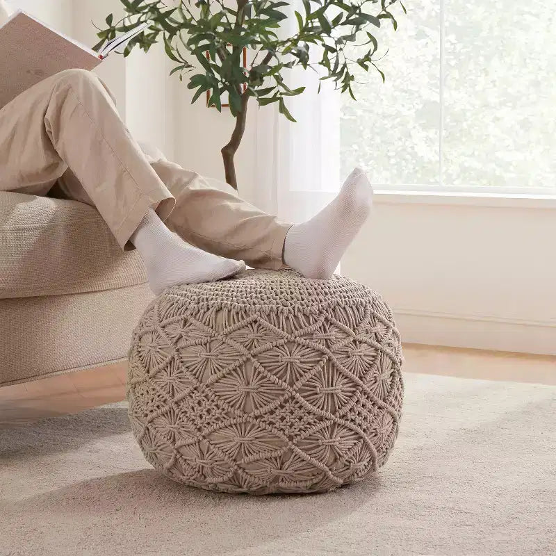 Ornavo Home Cotton Macrame Braid Pouf Ottoman - 18.5 x 15