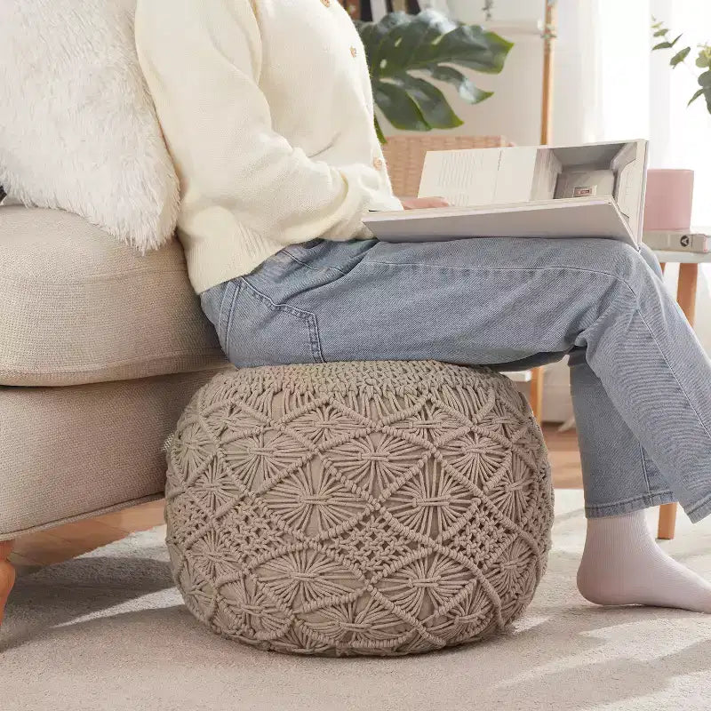Ornavo Home Cotton Macrame Braid Pouf Ottoman - 18.5 x 15