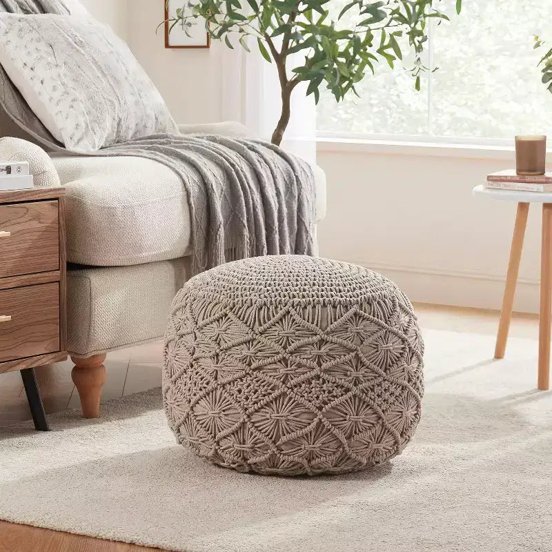 Ornavo Home Cotton Macrame Braid Pouf Ottoman - 18.5 x 15