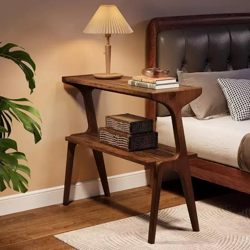 2-Tier End Table, Slim Sofa Side Table with Storage Shelf, Rustic Brown