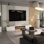 Meuble TV moderne et minimaliste avec tiroirs et étagères ouvertes