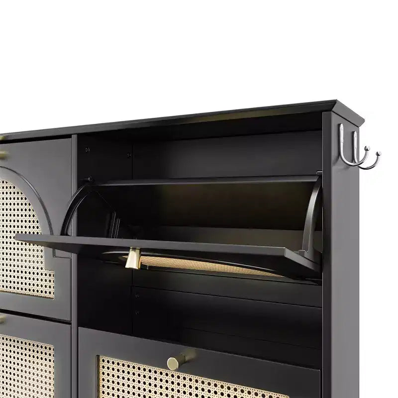 Narrow Tipping Bucket Shoe Rack & Shoe Cabinet with 4 Flip Drawers & Rattan Doors, 2 Silvery Hooks