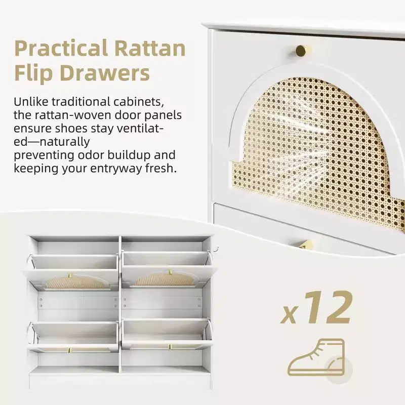 Narrow Tipping Bucket Shoe Rack & Shoe Cabinet with 4 Flip Drawers & Rattan Doors, 2 Silvery Hooks