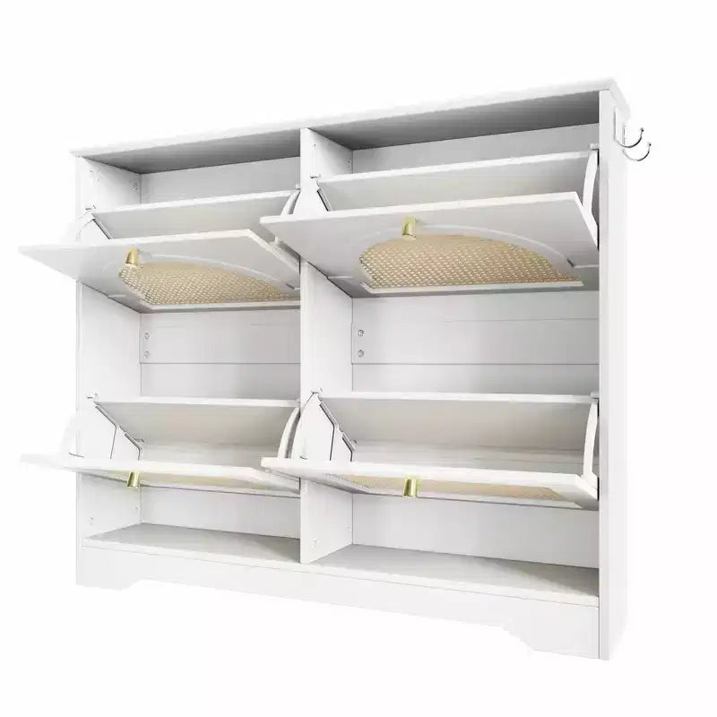 Narrow Tipping Bucket Shoe Rack & Shoe Cabinet with 4 Flip Drawers & Rattan Doors, 2 Silvery Hooks