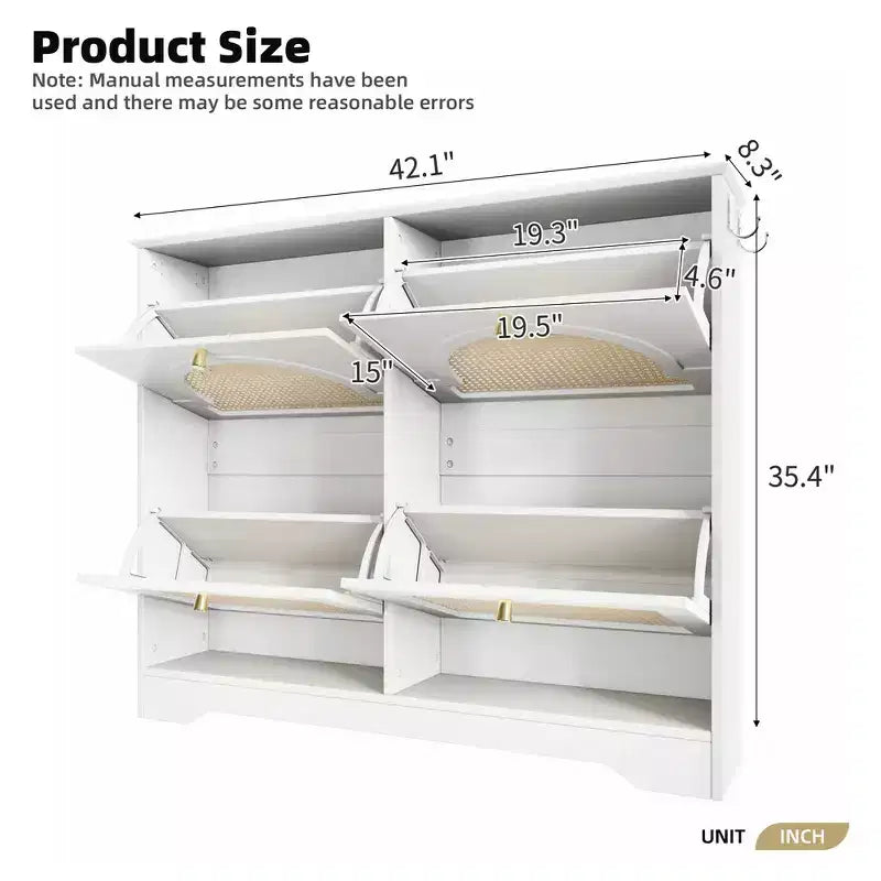Narrow Tipping Bucket Shoe Rack & Shoe Cabinet with 4 Flip Drawers & Rattan Doors, 2 Silvery Hooks