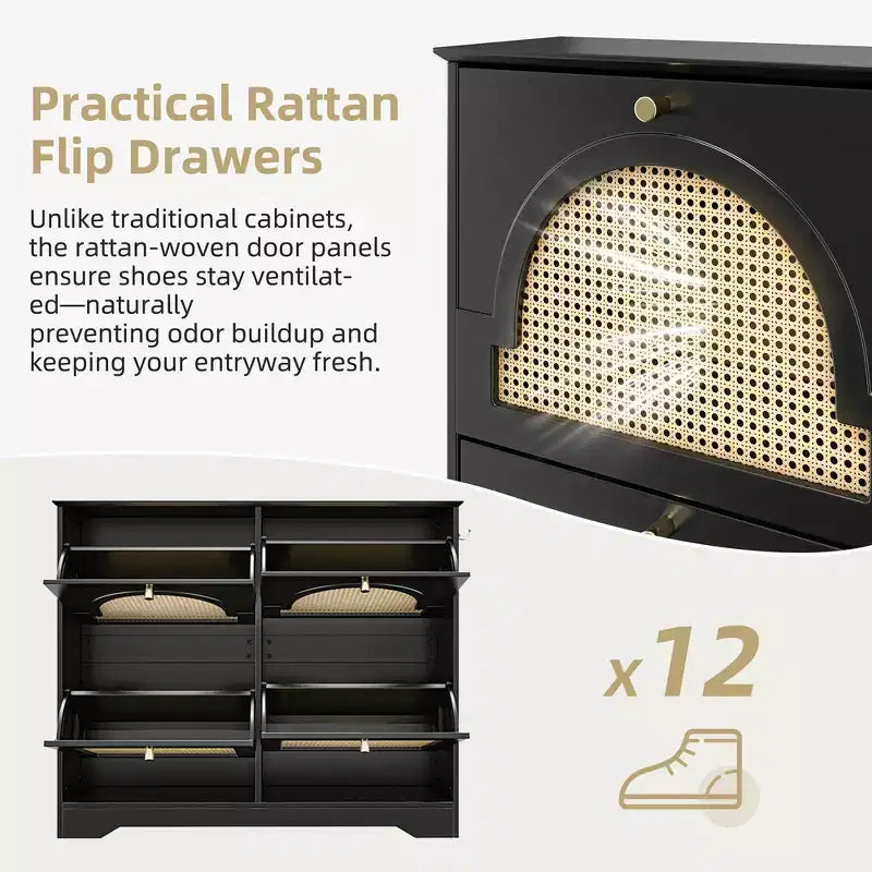 Narrow Tipping Bucket Shoe Rack & Shoe Cabinet with 4 Flip Drawers & Rattan Doors, 2 Silvery Hooks