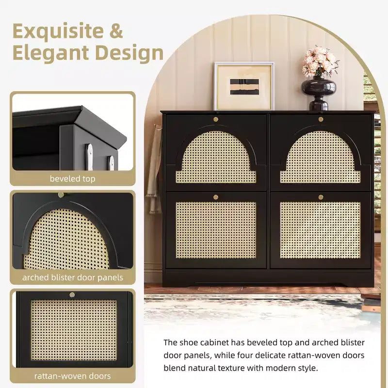 Narrow Tipping Bucket Shoe Rack & Shoe Cabinet with 4 Flip Drawers & Rattan Doors, 2 Silvery Hooks