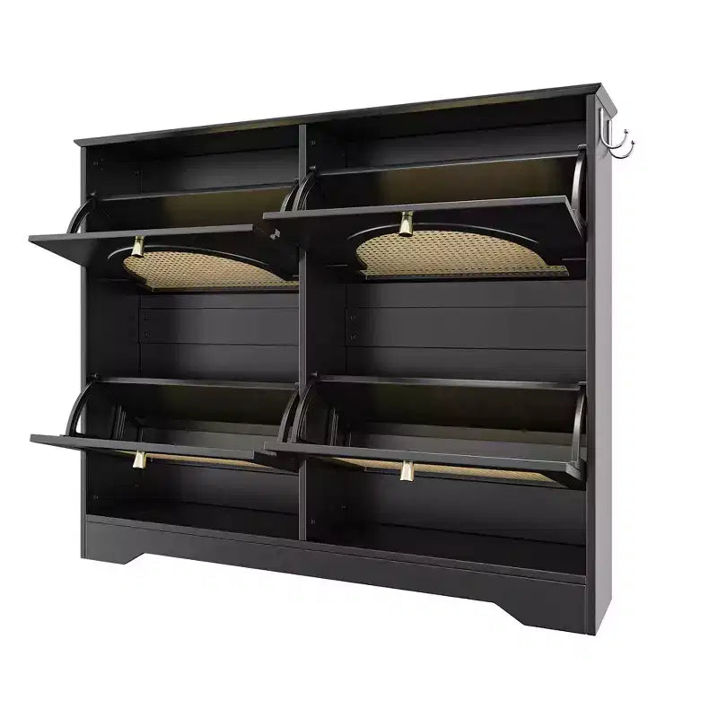 Narrow Tipping Bucket Shoe Rack & Shoe Cabinet with 4 Flip Drawers & Rattan Doors, 2 Silvery Hooks