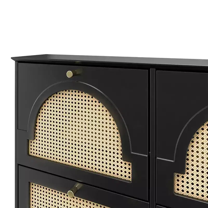 Narrow Tipping Bucket Shoe Rack & Shoe Cabinet with 4 Flip Drawers & Rattan Doors, 2 Silvery Hooks