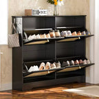 Whisen Narrow Tipping Bucket Shoe Rack & Shoe Cabinet with 4 Flip Drawers & Rattan Doors, 2 Silvery Hooks