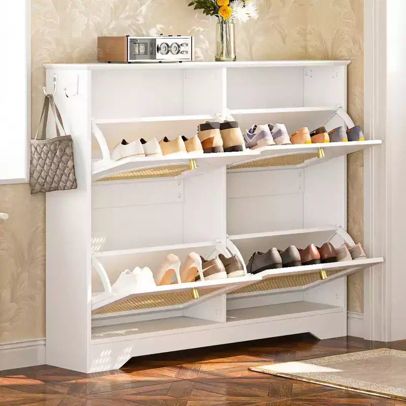 Narrow Tipping Bucket Shoe Rack & Shoe Cabinet with 4 Flip Drawers & Rattan Doors, 2 Silvery Hooks