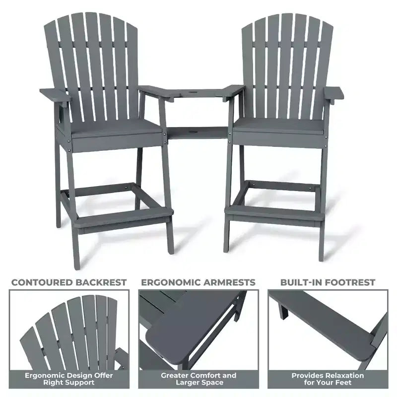 2Pcs Patio Tall Adirondack Chairs Bar Chairs, Outdoor Adirondack Barstools with Connecting Tray, Bar Stool Chair with High Back