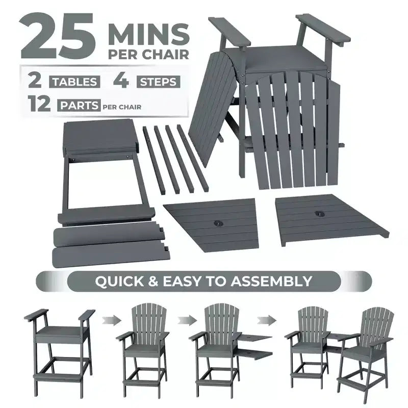 2Pcs Patio Tall Adirondack Chairs Bar Chairs, Outdoor Adirondack Barstools with Connecting Tray, Bar Stool Chair with High Back