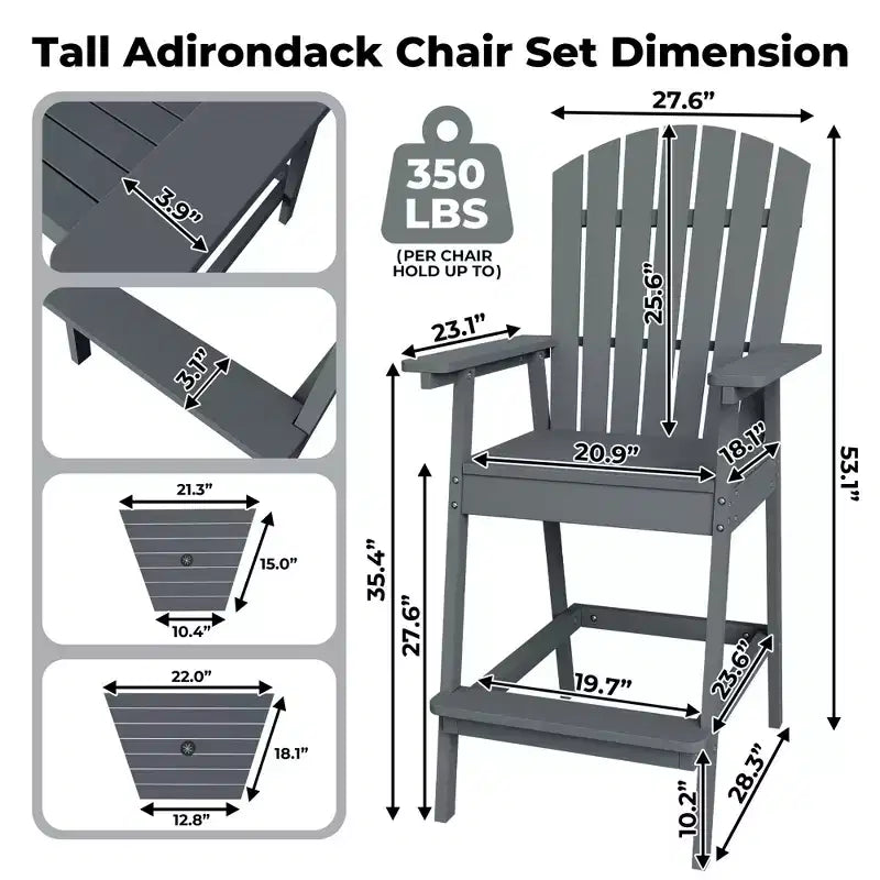 2Pcs Patio Tall Adirondack Chairs Bar Chairs, Outdoor Adirondack Barstools with Connecting Tray, Bar Stool Chair with High Back