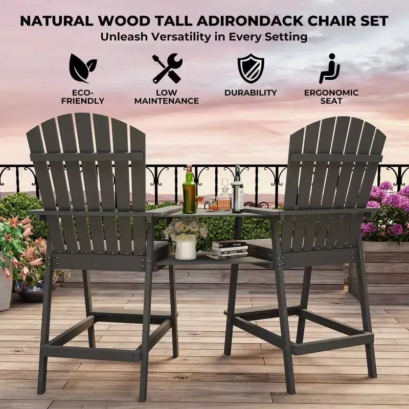 2Pcs Patio Tall Adirondack Chairs Bar Chairs, Outdoor Adirondack Barstools with Connecting Tray, Bar Stool Chair with High Back