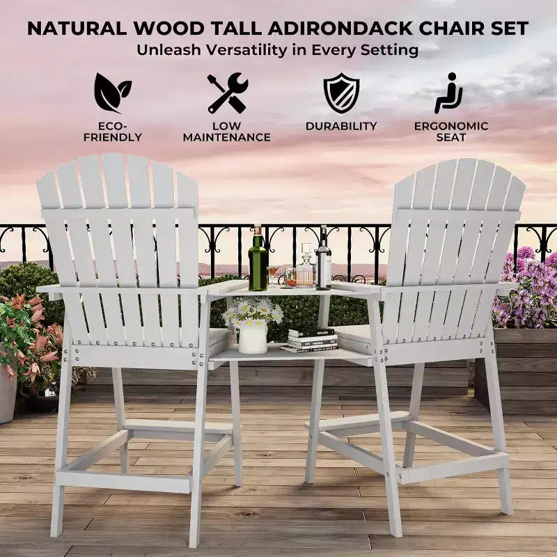 2Pcs Patio Tall Adirondack Chairs Bar Chairs, Outdoor Adirondack Barstools with Connecting Tray, Bar Stool Chair with High Back