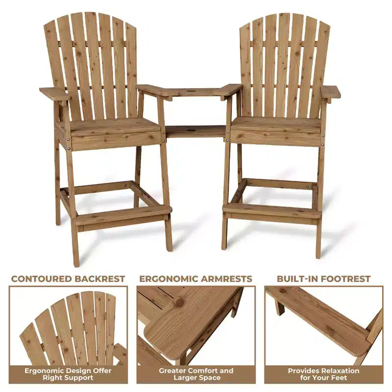 2Pcs Patio Tall Adirondack Chairs Bar Chairs, Outdoor Adirondack Barstools with Connecting Tray, Bar Stool Chair with High Back