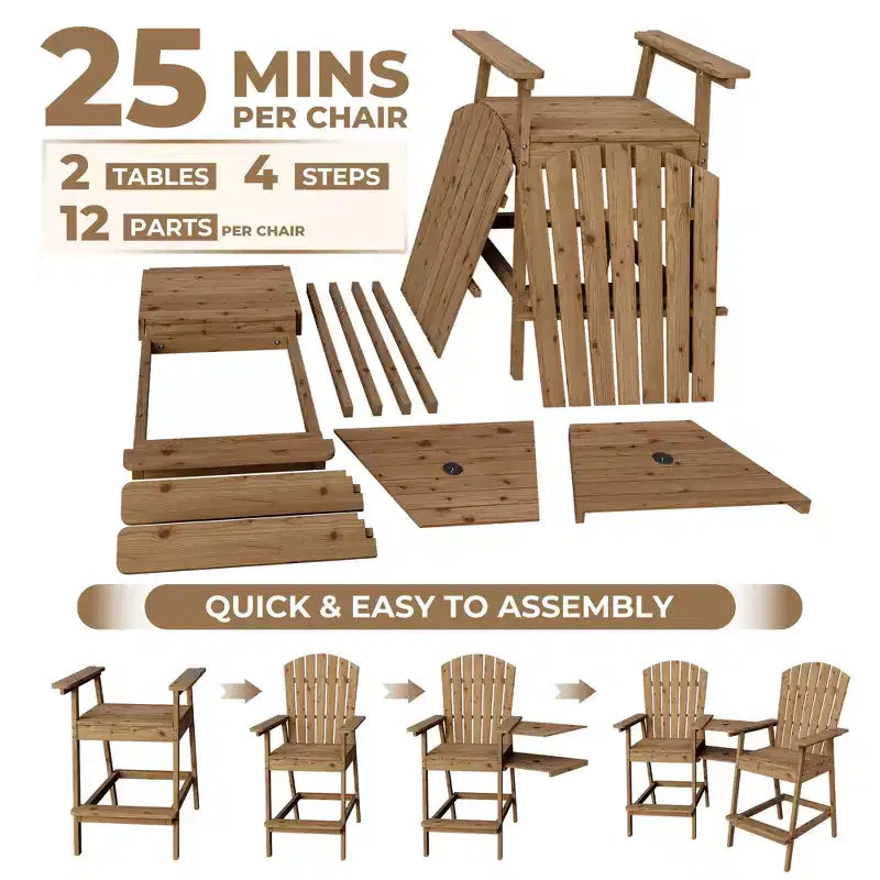 2Pcs Patio Tall Adirondack Chairs Bar Chairs, Outdoor Adirondack Barstools with Connecting Tray, Bar Stool Chair with High Back