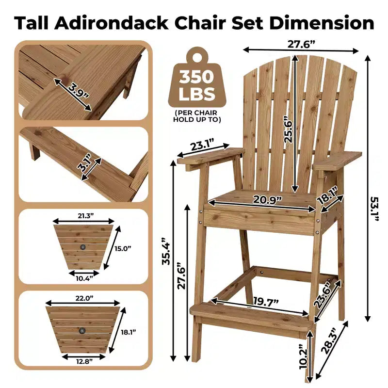 2Pcs Patio Tall Adirondack Chairs Bar Chairs, Outdoor Adirondack Barstools with Connecting Tray, Bar Stool Chair with High Back