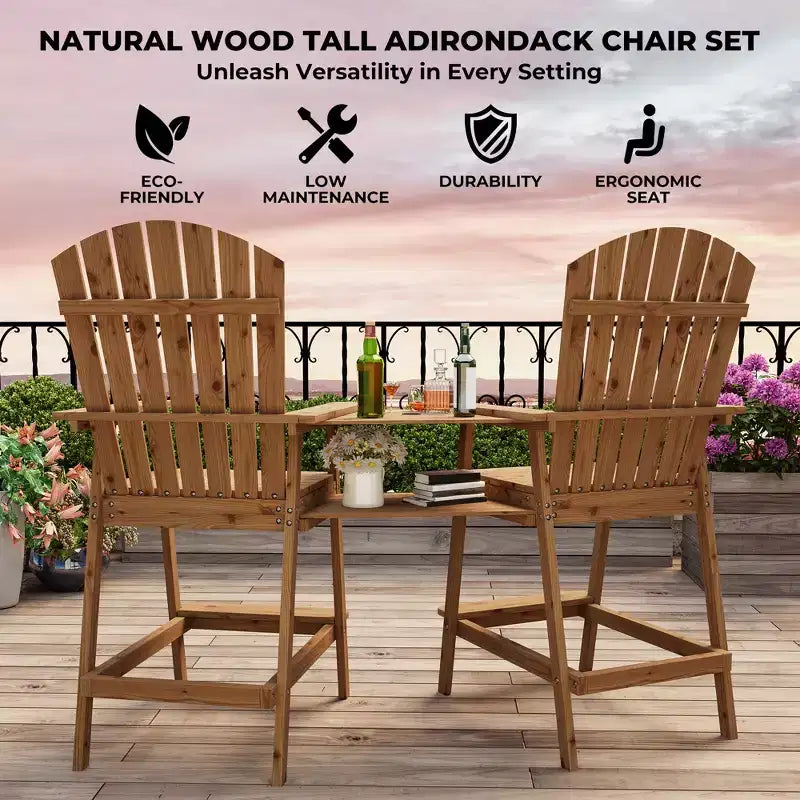 2Pcs Patio Tall Adirondack Chairs Bar Chairs, Outdoor Adirondack Barstools with Connecting Tray, Bar Stool Chair with High Back