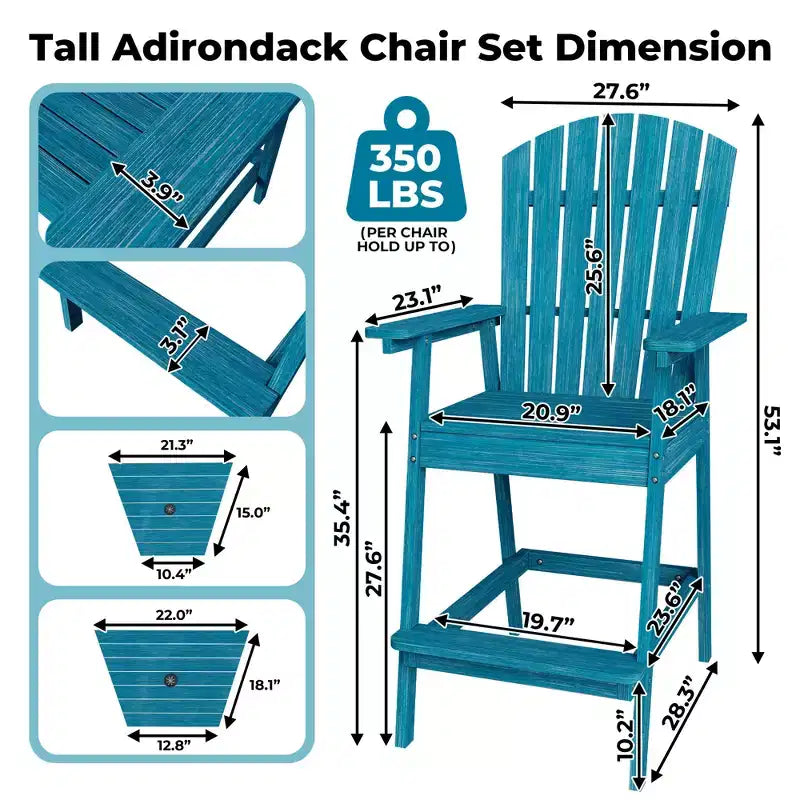 2Pcs Patio Tall Adirondack Chairs Bar Chairs, Outdoor Adirondack Barstools with Connecting Tray, Bar Stool Chair with High Back