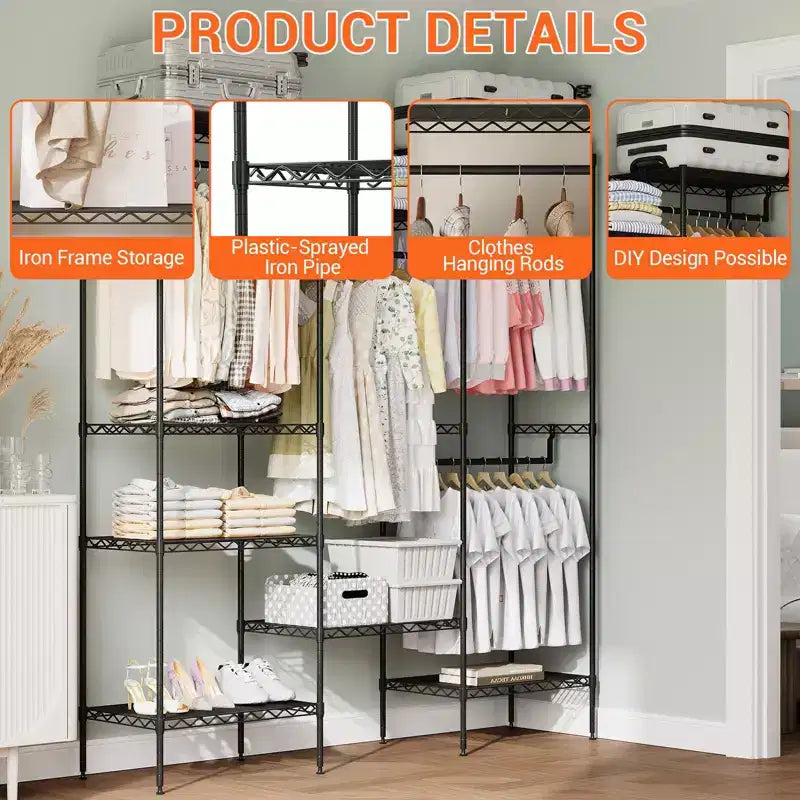 Metal Freestanding Clothing Organizer, Clothing Rack Heavy Duty Clothes Rack with 8 Shelves & 4 Hang Rods, Adjustable Closet Rack