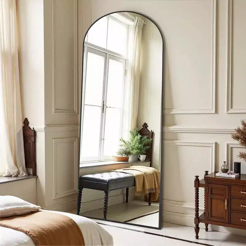 31 in. W x 71 in. H Full Length Arched Free Standing Body Mirror Metal Framed Wall Mirror Large Floor Mirror in Black