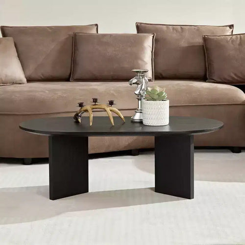 Table basse ovale moderne 39L, petite table d'appoint avec base piédestal robuste, taille compacte pour appartement, salon et chambre à coucher