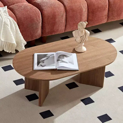 Okak 39L Modern Oval Coffee Table, Small Center Table with Sturdy Pedestal Base, Space-Saving Apartment Size for Living Room & Bedroom