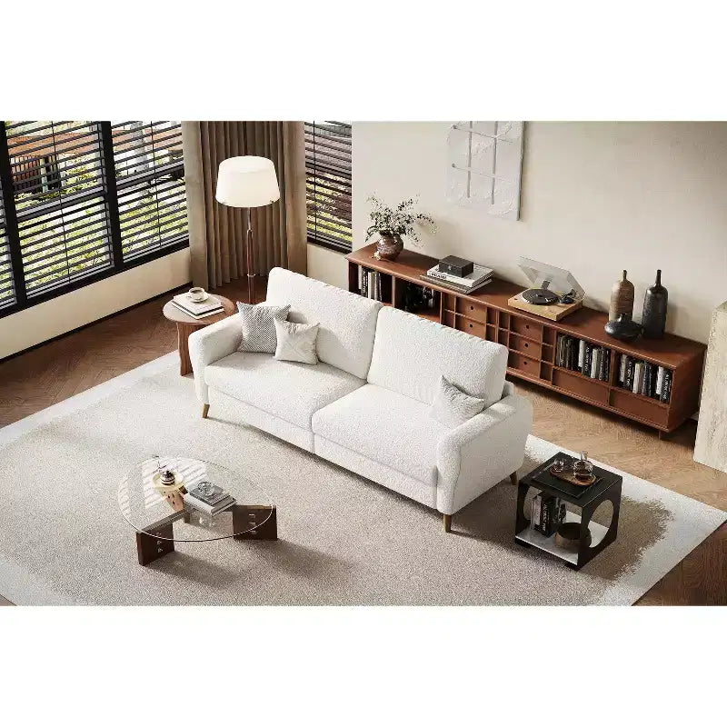 84 Sofa Couch, Large Loveseat Sofa with Streamlined Armrests & Wood Feet, Modern Boucle Sofa, White