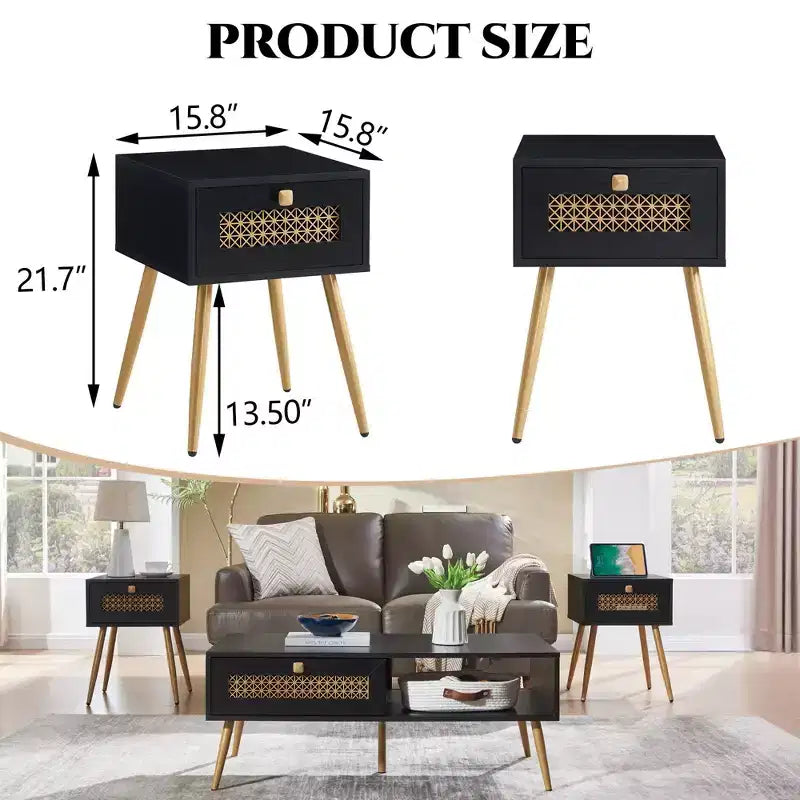 Probe Hues Farmhouse End Table with Drawer, Waterproof Top & Curved Design