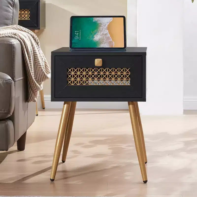 Probe Hues Farmhouse End Table with Drawer, Waterproof Top & Curved Design
