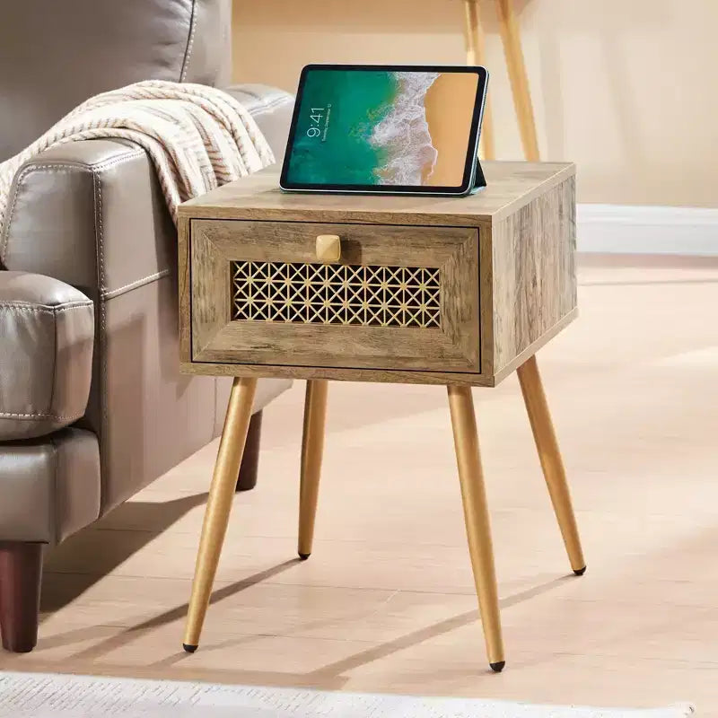 Probe Hues Farmhouse End Table with Drawer, Waterproof Top & Curved Design