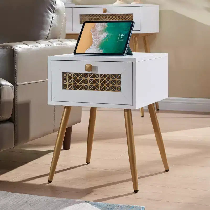 Probe Hues Farmhouse End Table with Drawer, Waterproof Top & Curved Design
