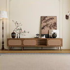 ModernLuxe TV Stand for up to 85 TV, Entertainment Center with Open Shelves & Rattan Doors, Console Table, Walnut
