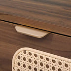 Meuble TV pour téléviseur jusqu'à 85 pouces, centre de divertissement avec étagères ouvertes et portes en rotin, console, Noyer